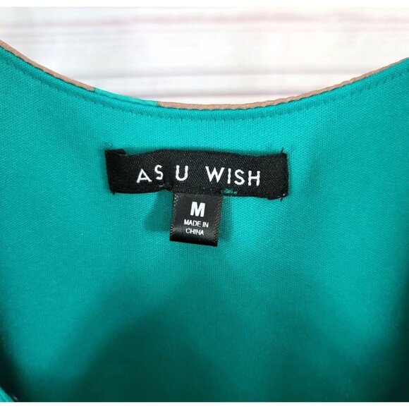 As U Wish Boho Western Mini Dress Green Brown Medium Chevron Lined Sheer Sleeves - Picture 6 of 7